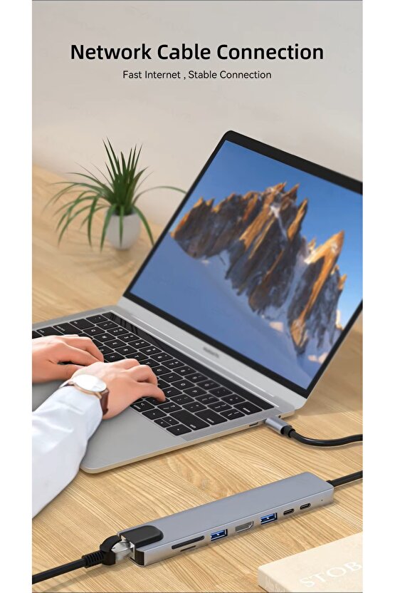 MacBook Pro Air Uyumlu USB Type-C 8in1 Hub Dönüştürücü Çoklayıcı HDMI USB Micro SD Girişli