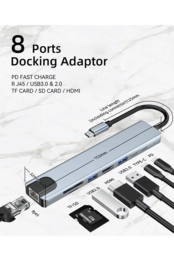 MacBook Pro Air Uyumlu USB Type-C 8in1 Hub Dönüştürücü Çoklayıcı HDMI USB Micro SD Girişli