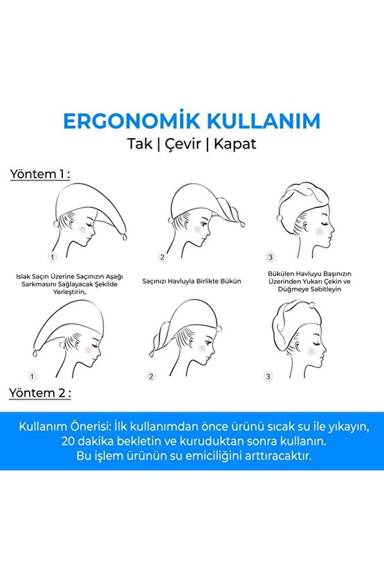 Düğme Lastikli Saç Havlusu, Saç Bonesi, Makyaj Bonesi, Yüz Bakım Havlusu, Banyo Sonrası Saç Kurutma
