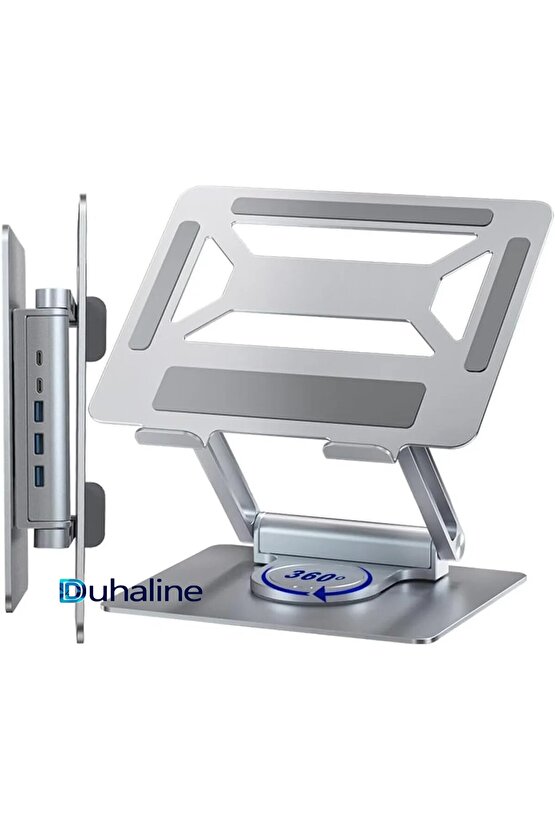Alüminyum Metal Laptop Standı 360° Döner USB Type-C PD Şarj 2-USB 3.0 Portlu Ergonomik & Şık Tasarım