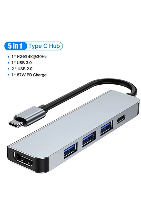 5in1 Macbook Pro Air Type-C USB 3.0 Hub Dönüştürücü Çevirici Çoklayıcı 4K Hdmı PD Şarj+Data Girişli