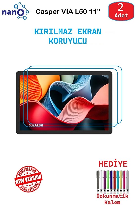 2 ADET Casper VIA L50 11  Tablet İçin Tam Uyumlu Ekran Koruyucu Cam Nano HD Esnek Kırılmaz