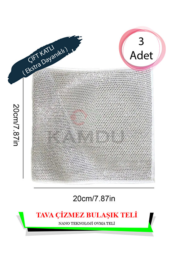 ( 3 Adet ) Inox Çizmez Bulaşık Teli ( Çift Katlı ) 20x20cm Tava Çizmez, Ankastre Temizliği