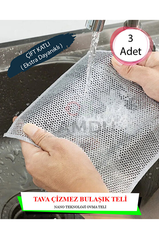 ( 3 Adet ) Inox Çizmez Bulaşık Teli ( Çift Katlı ) 20x20cm Tava Çizmez, Ankastre Temizliği