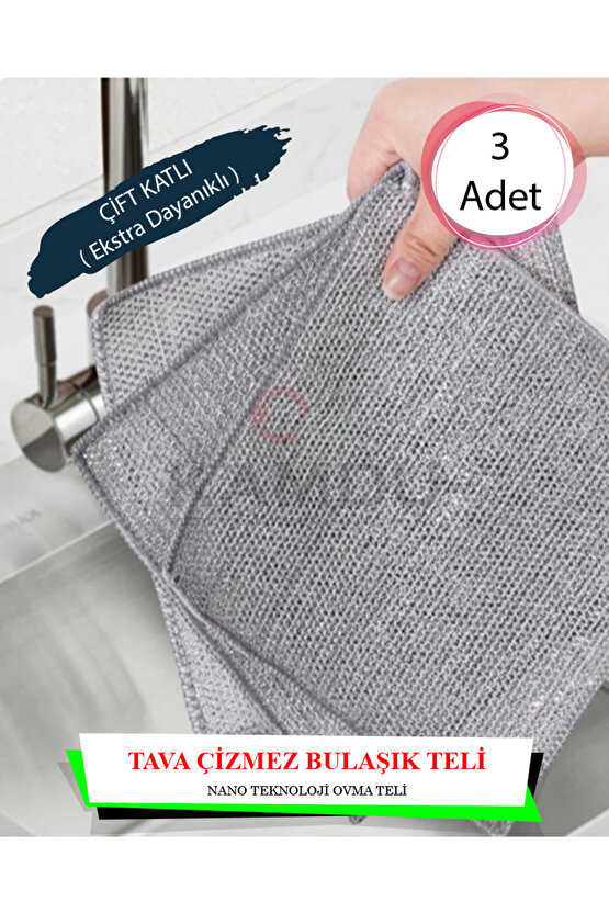 ( 3 Adet ) Inox Çizmez Bulaşık Teli ( Çift Katlı ) 20x20cm Tava Çizmez, Ankastre Temizliği