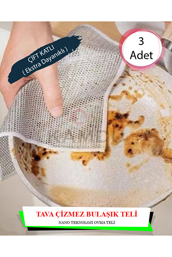 ( 3 Adet ) Inox Çizmez Bulaşık Teli ( Çift Katlı ) 20x20cm Tava Çizmez, Ankastre Temizliği