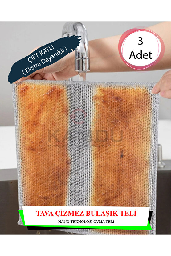 ( 3 Adet ) Inox Çizmez Bulaşık Teli ( Çift Katlı ) 20x20cm Tava Çizmez, Ankastre Temizliği