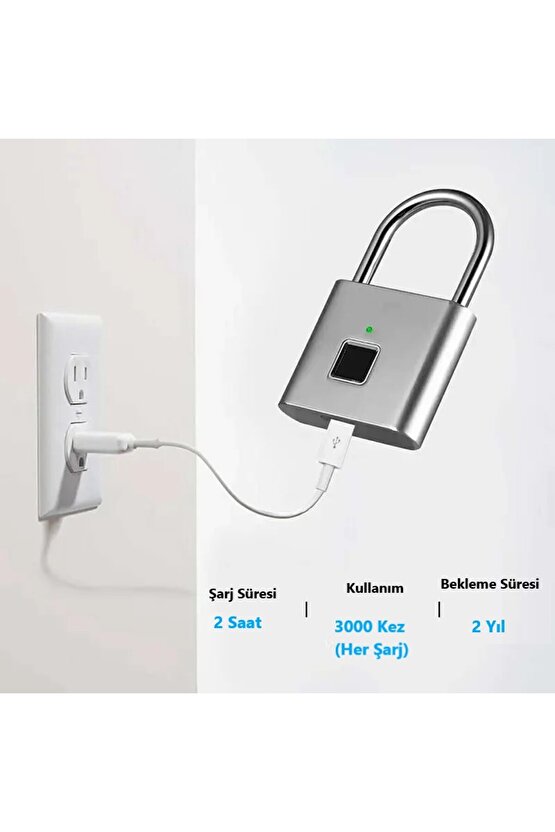 Parmak İzi ile Çalışan Şarjlı Asma Kilit Akıllı ve Güvenli Kilitleme Çözümü Su Geçirmez Anahtarsız