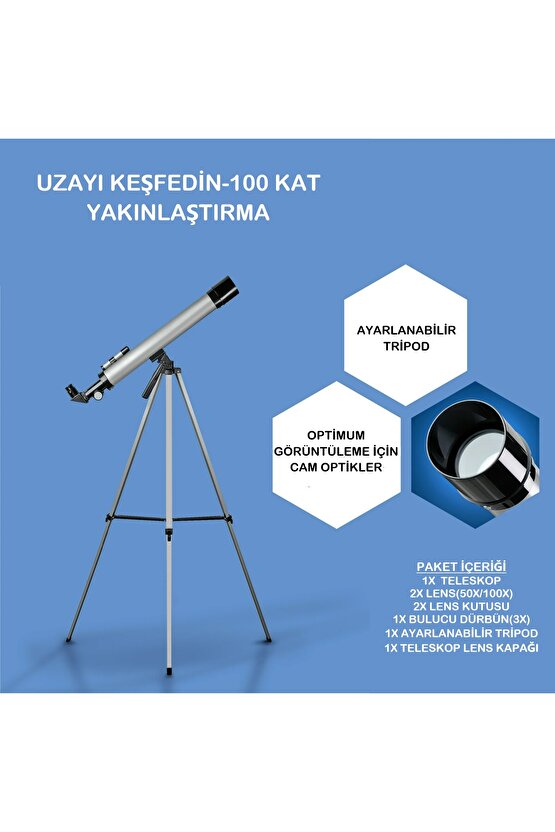 Teleskop 100 Kat Yakınlaştırma 50mm Eğitici Astronomik Uzay Doğa Ay Gözlem Teleskobu + Tripod
