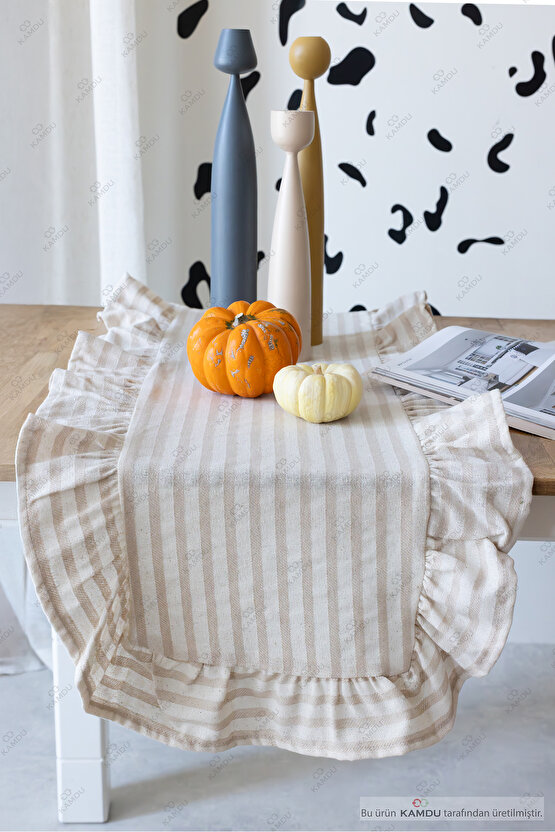 40x125 cm Vintage Fırfırlı %100 Keten Pamuklu Amerikan Runner