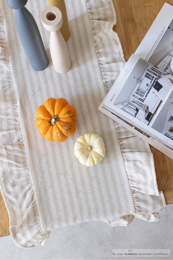 40x125 cm Vintage Fırfırlı %100 Keten Pamuklu Amerikan Runner