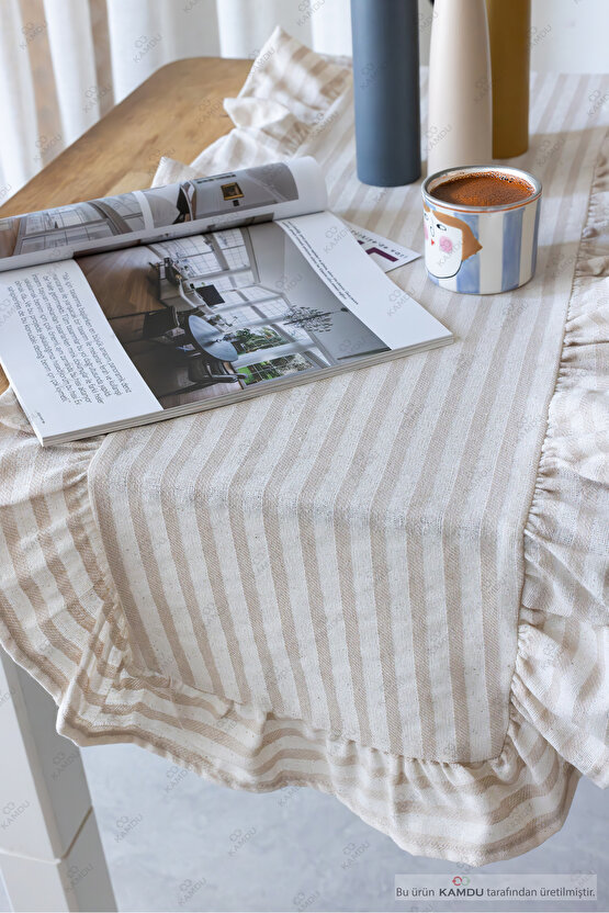 40x125 cm Vintage Fırfırlı %100 Keten Pamuklu Amerikan Runner