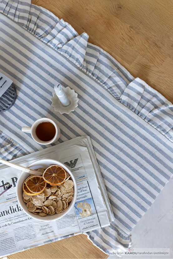 40x125 cm Vintage Fırfırlı %100 Keten Pamuklu Amerikan Runner