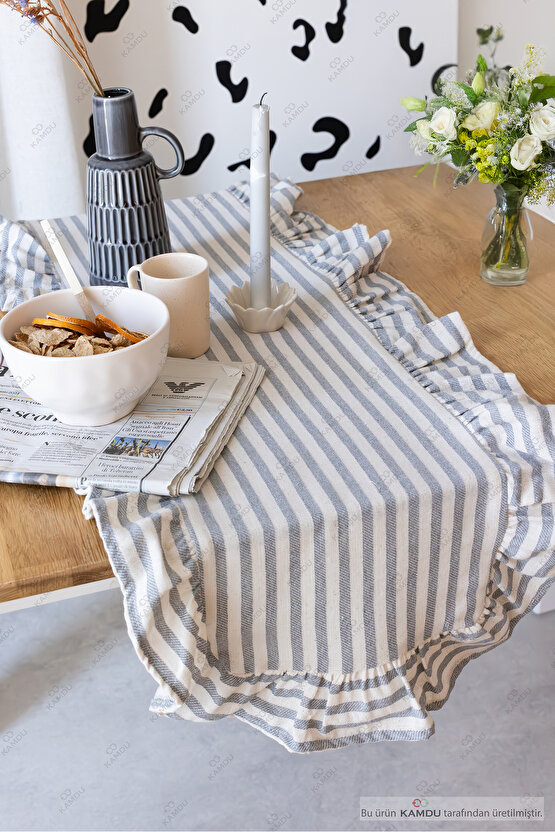 40x125 cm Vintage Fırfırlı %100 Keten Pamuklu Amerikan Runner