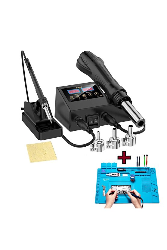 Sıcak Hava Üflemeli Havya İstasyonu Dijital Ekran Lehim Maknesi ve Hava Tabancası +Tamir Matı HEDİYE