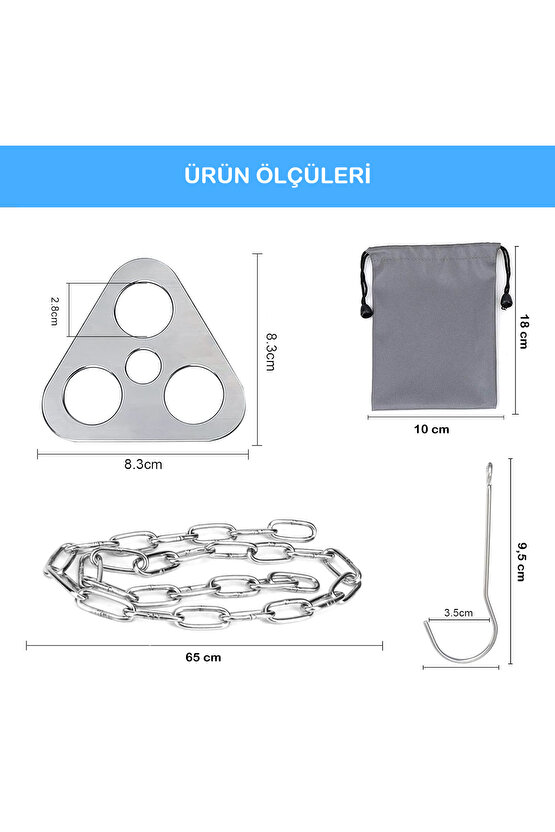 Paslanmaz Çelik Askı Kamp Tripodu Üç Ayaklı Halka, Zincirli ve Kancalı Kamp Tencere Askı Aparatı