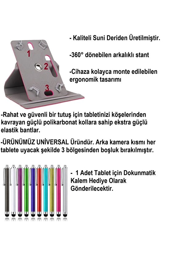 Lenovo Tab M9 Uyumlu Üniversal Dönerli Standlı Tablet Kılıfı+Dokunmatik Kalem