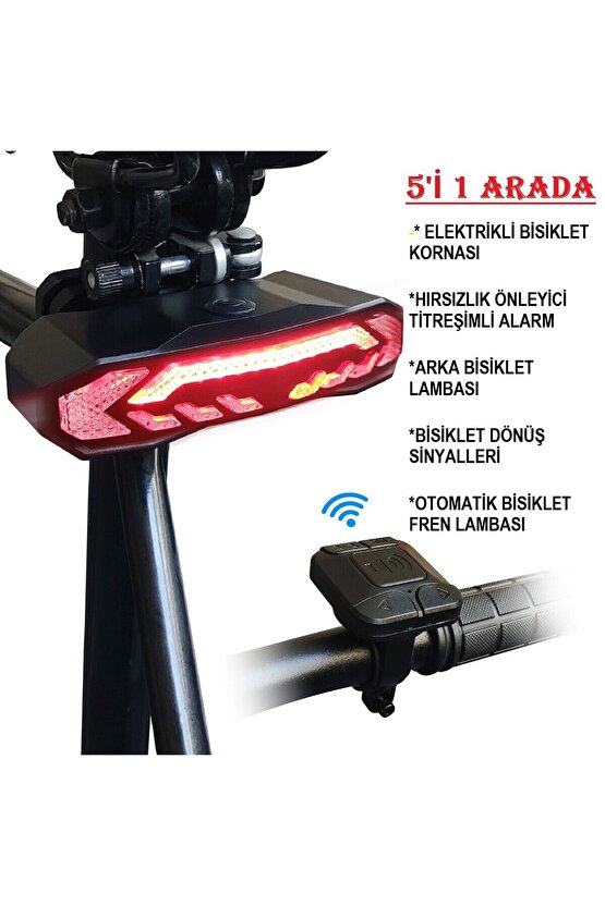 Akıllı Şarj Edilebilir Bisiklet Arka Lamba Dönüş Sinyali Stop Işığı, Uzaktan Kumandalı Alarm, Korna