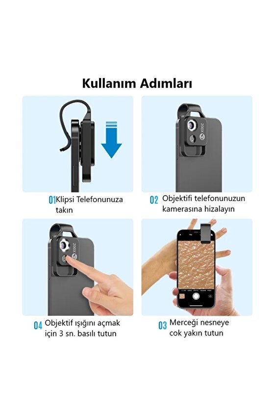 200x Hd Led Işıklı Taşınabilir Cep Telefonu Mikroskobu Cpl Lens (siyah)
