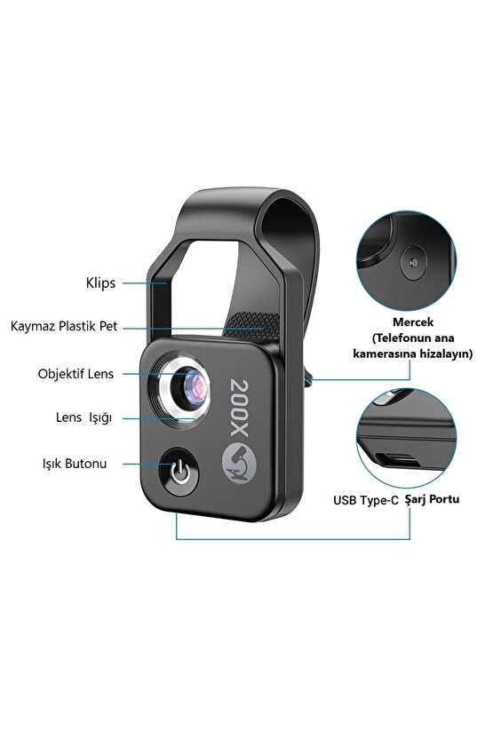 200x Hd Led Işıklı Taşınabilir Cep Telefonu Mikroskobu Cpl Lens (siyah)