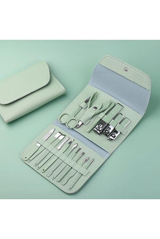 16 Parça Profesyonel Çelik Paslanmaz Deri Çantalı Manikür Pedikür Tırnak Yüz Bakım Seti- Yeşil