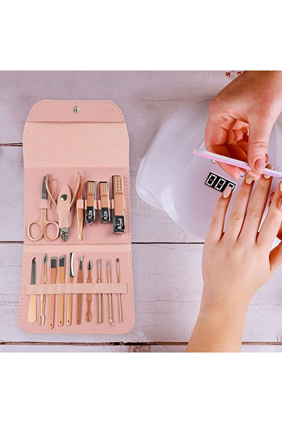 16 Parça Profesyonel Çelik Paslanmaz Deri Çantalı Manikür Pedikür Tırnak Yüz Bakım Seti -pudra Pembe