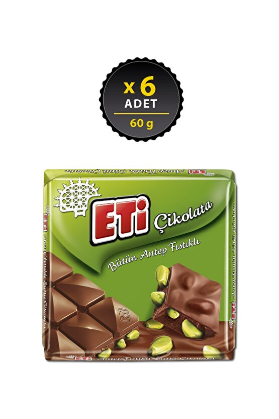 Çikolata Antep Fıstıklı Kare 60 g x 6 Adet
