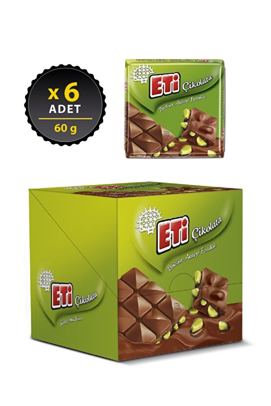 Çikolata Antep Fıstıklı Kare 60 g x 6 Adet
