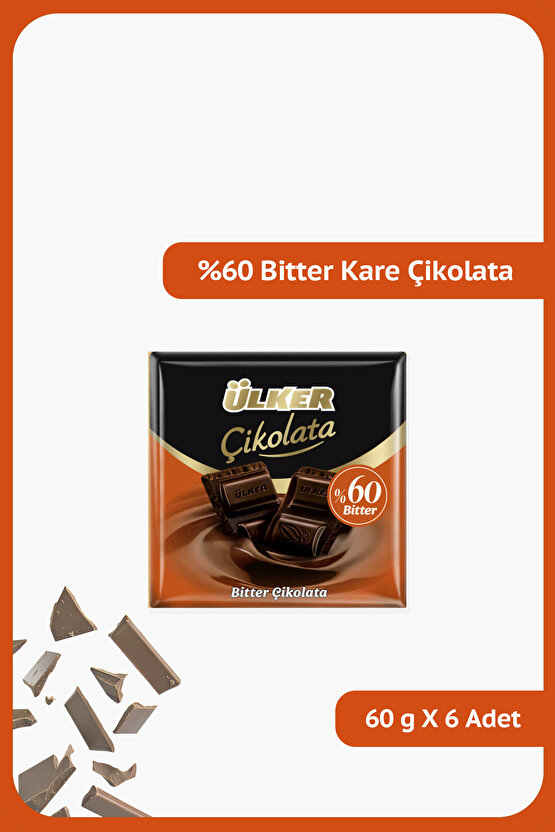 60% Bitter Kare Çikolata - 70 gram - 6 Adet