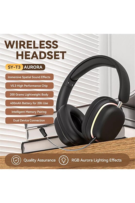 BLUETOOTH 5.3 KULAKLIK RGB LED IŞIKLI ÇIKARILABİLİR MİKROFONLU OYUN MÜZİK FİLM İÇİN ŞARJLI KULAKLIK