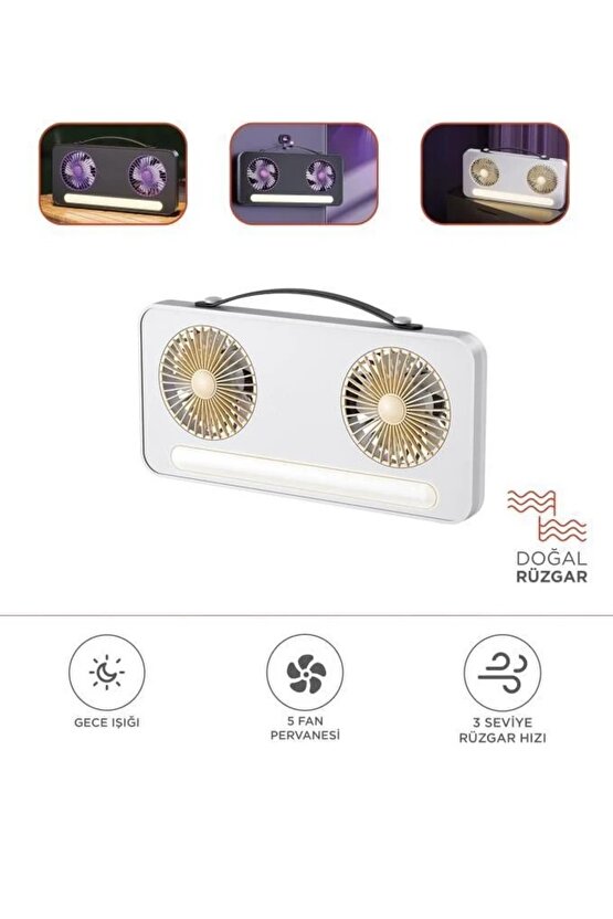 ŞARJLI VANTİLATÖR IŞIKLI MİNİ 2 Lİ FAN MASAÜSTÜ TAŞINABİLİR MİNİ HAVA SOĞUTUCU
