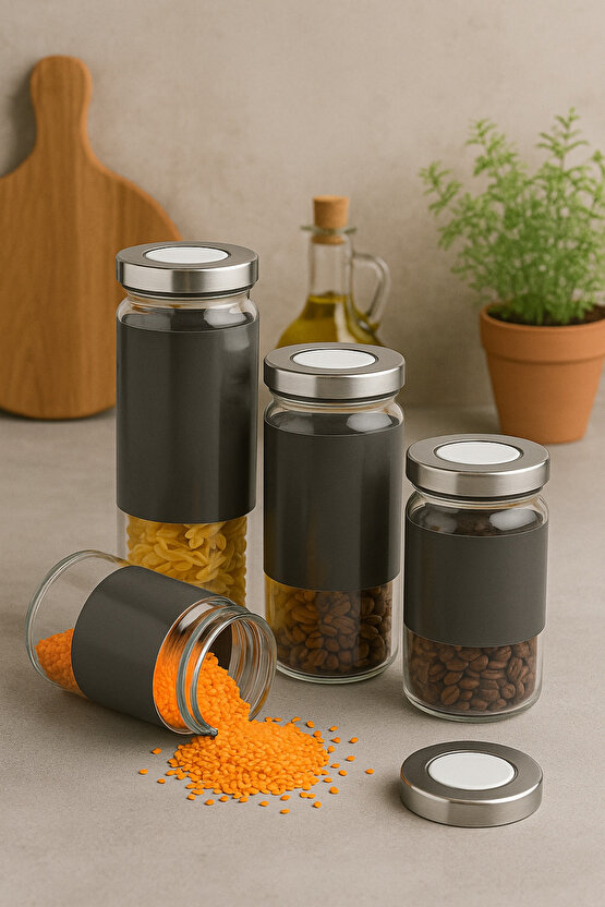 4’lü Cam Saklama Kavanozu Seti – Paslanmaz Çelik Kapaklı, Gri Tasarımlı Hava Geçirmez Erzak Kavanozu