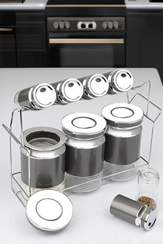 Standlı 9’lu Cam Baharatlık Seti Paslanmaz Çelik Kapaklı Mutfak Düzenleyici Tezgah Baharat Takımı