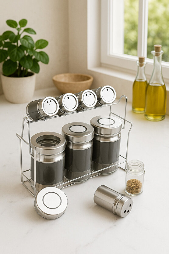 Standlı 9’lu Cam Baharatlık Seti Paslanmaz Çelik Kapaklı Mutfak Düzenleyici Tezgah Baharat Takımı
