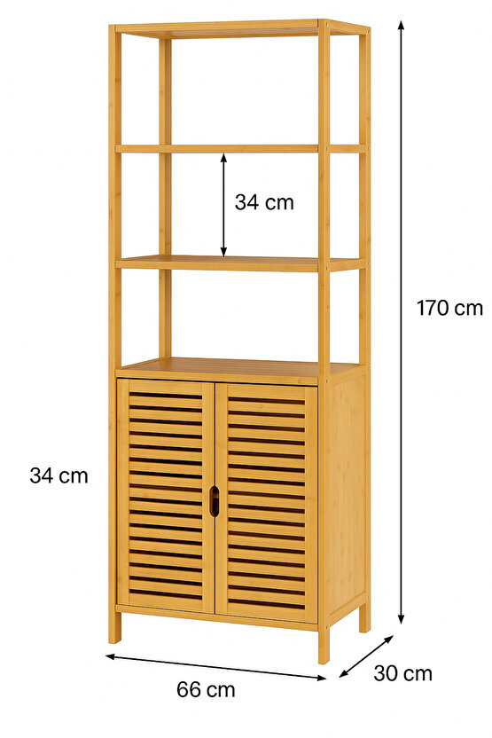 Bambu 3 Raflı Banyo Dolabı & Çok Amaçlı Düzenleyici – 170x66x30 cm, Havalandırmalı Kapaklı Alt Dolap