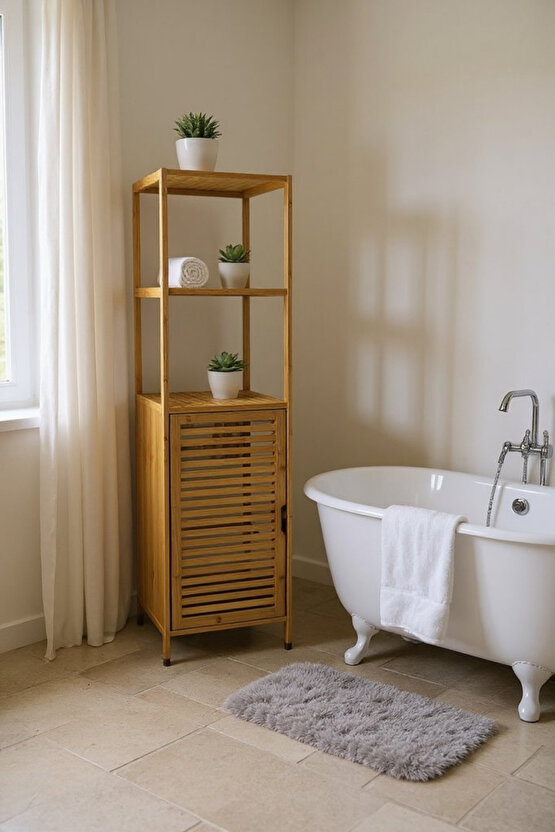 Bambu Banyo ve Çamaşır Dolabı – Çok Raflı, Kapaklı, Doğal Ahşap Düzenleyici