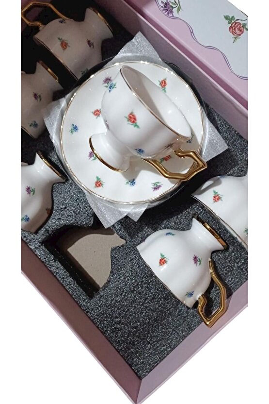 SPR-0367 Çiçek Desenli Gold Detaylı Porselen Kahve Fincan Takımı 6’lı