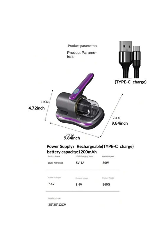ŞARJLI YATAK SÜPÜRGESİ 100W KABLOSUZ TOZ TOPLAMA UV IŞIKLI AKAR TEMİZLEME CİHAZI