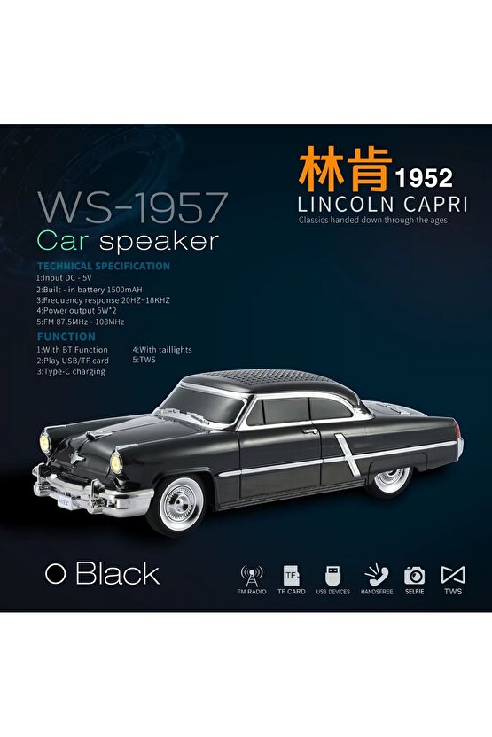 1952 LİNCOLN CAPRİ ŞARJLI BLUETOOTH SPEAKER KABLOSUZ LED IŞIKLI HOPARLÖR FM RADYO SD KART USB