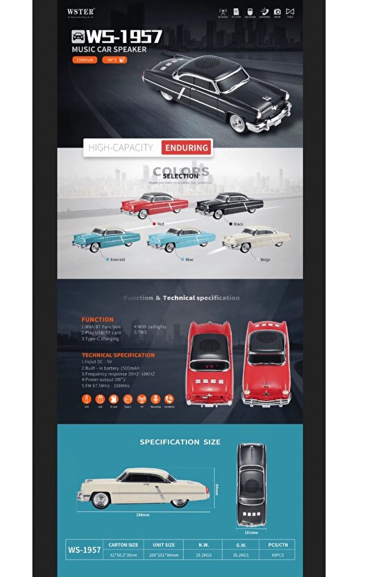 1952 LİNCOLN CAPRİ ŞARJLI BLUETOOTH SPEAKER KABLOSUZ LED IŞIKLI HOPARLÖR FM RADYO SD KART USB