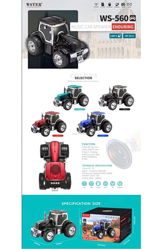 TRAKTÖR ŞEKLİNDE BLUETOOTH HOPARLÖR ŞARJLI KABLOSUZ SPEAKER FM SD KART USB