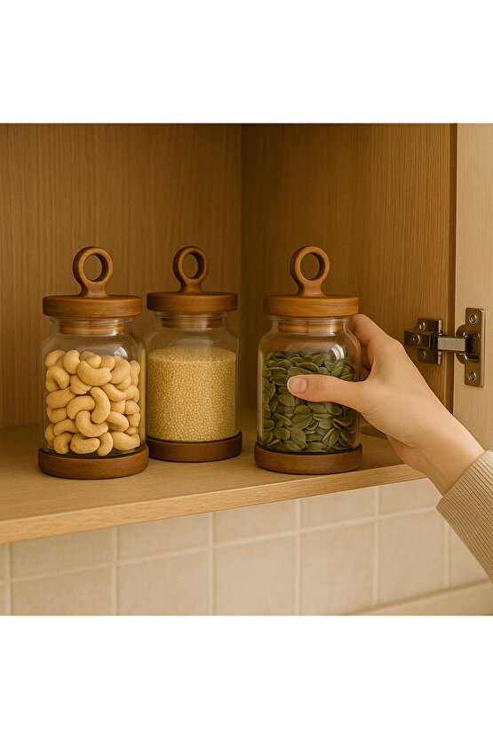 3lü Ahşap Kapaklı Cam Kavanoz Seti Vakum Kapaklı Büyük Boy Erzak Bakliyat Seti Gıda Saklama Kabı