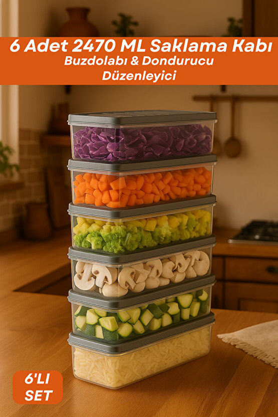 6lı Buzdolabı Organizer Set Düzenleyici Saklama Kabı Derin Mikrodalga Difriz Düzenleyici Antrasit