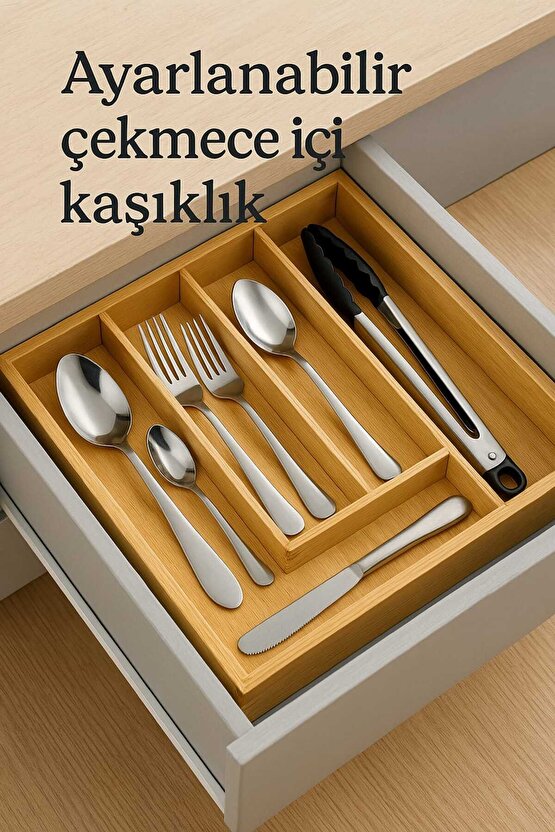 Bambu Ayarlanabilir Çekmece Içi Ölçü Ayarlı Kaşıklık 5-7 Bölmeli