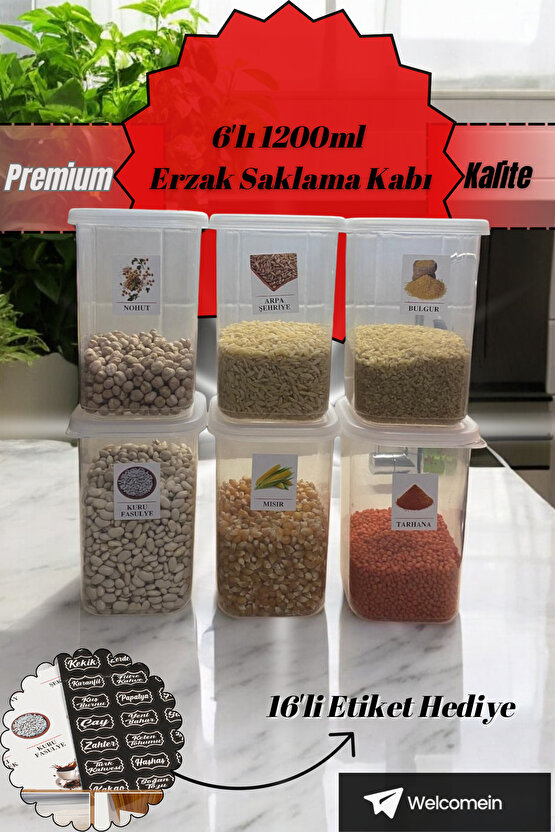 6lı Etiketli Saklama Kabı Gıda Erzak Bakliyat Saklama Kabı Çeyiz Seti - 1,2 Lt Şeffaf