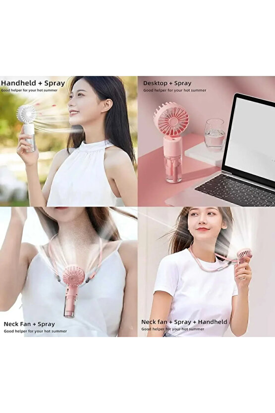 MİNİ FAN ŞARJLI EL FANI SU PÜSKÜRTMELİ BOYUNA ASMALI MİNİ KLİMA FAN VANTİLATÖR (PEMBE - MOR)