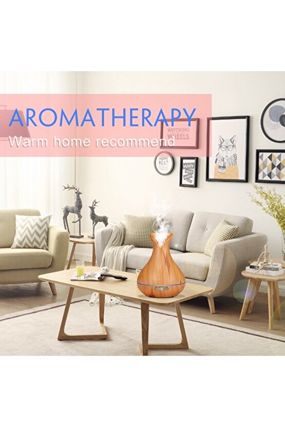 Aroma Terapi Oda Hava Nemlendirici Işıklı Ultrasonik Buhar Makinesi Ahşap Görünüm 7 Renk Led Işıklı