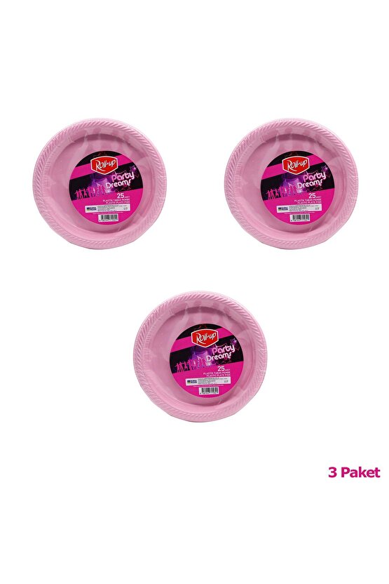 Kullan At Renkli Pembe Parti Davet Plastik Tabak - 22 Cm. - 25 Adetlik 3 Paket