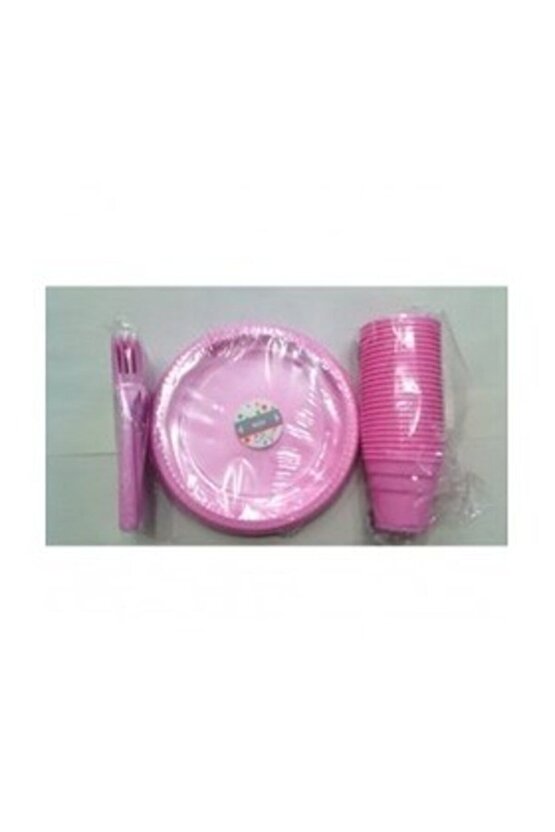 Pembe Renk 25 Li Plastik Bardak + Catal + Tabak