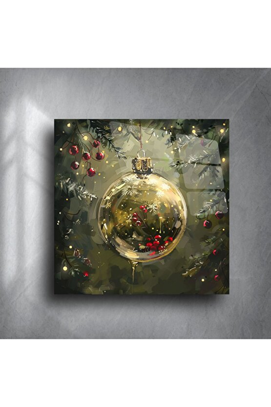 Yılbaşı Temalı Işıltılı Altın Cam Süslemeli Çam Dalı Desenli Dekoratif Cam Tablo